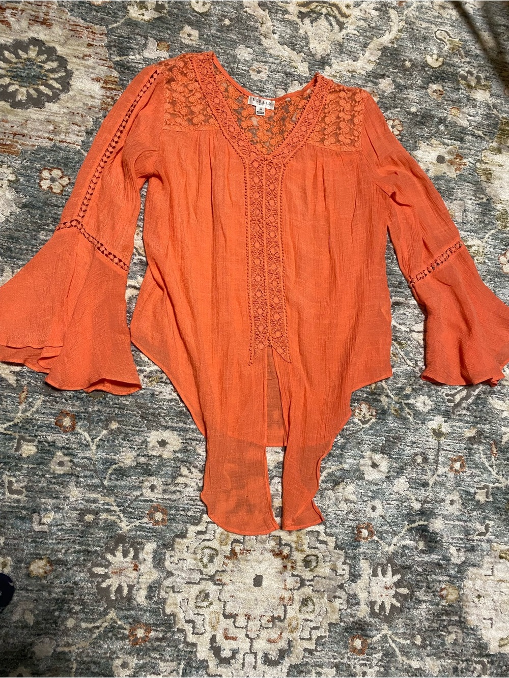 Lightweight Orange Crochet-Detail Bell Sleeve Tunic (tie front)